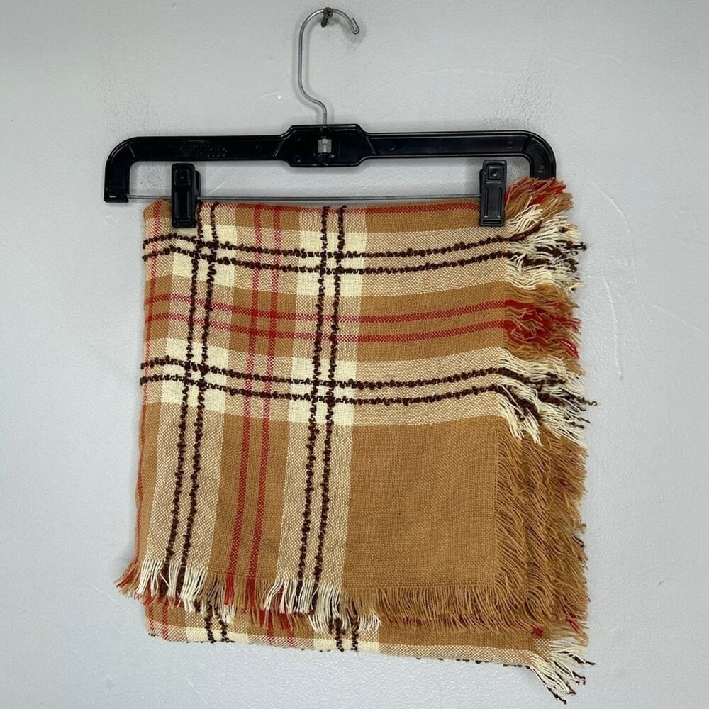 OSCAR DE LA RENTA Vintage Knit Scarf Wrap Tartan Plaid Large Fringe Japan Autumn